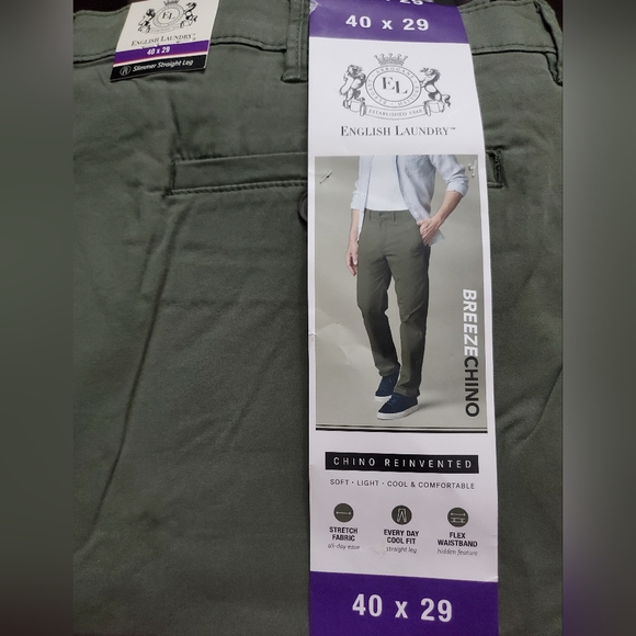 English Laundry Olive Green Breeze Chino Men's Slimmer Straight Stretch Pants - Picture 2 of 2